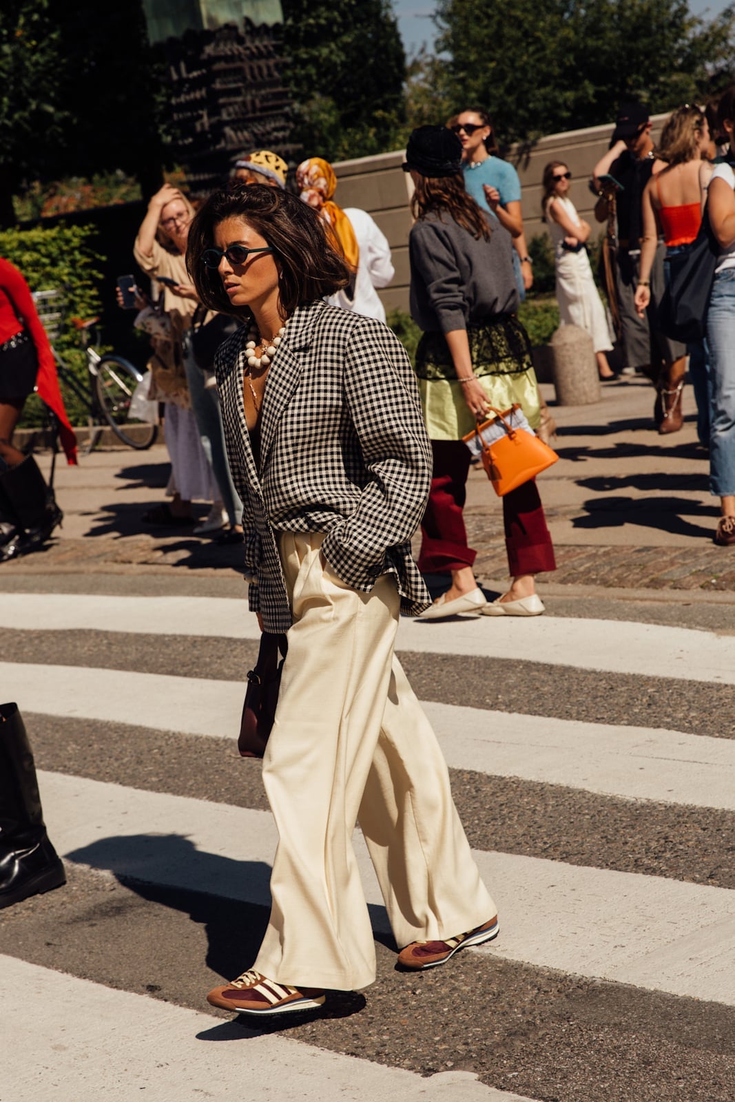Gingham Blazer with Satin Trousers and Athletic Sneakers Gingham Blazer with Satin Trousers and Athletic Sneakers — Trendy Downtown Girl Outfits