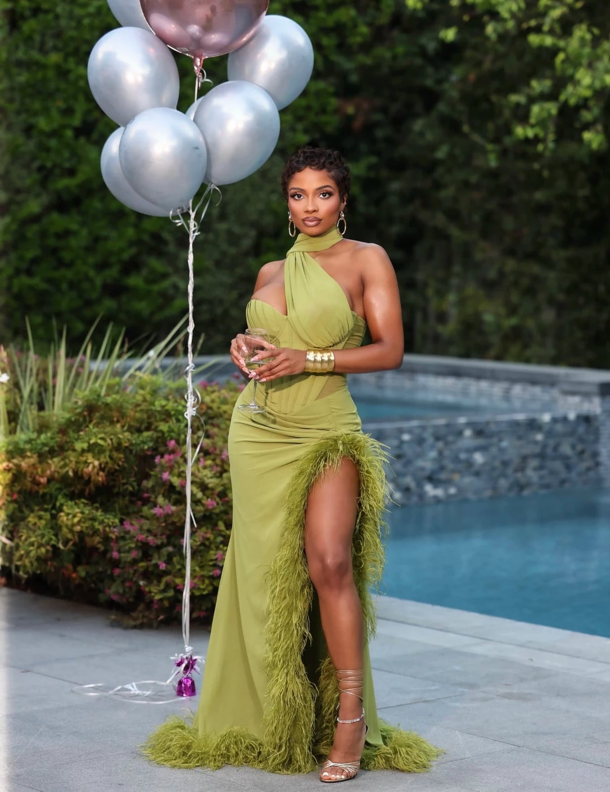 Olive Green One-Shoulder Gown With Feather Trim Olive Green One-Shoulder Gown With Feather Trim — Trendy Dress As Your Type