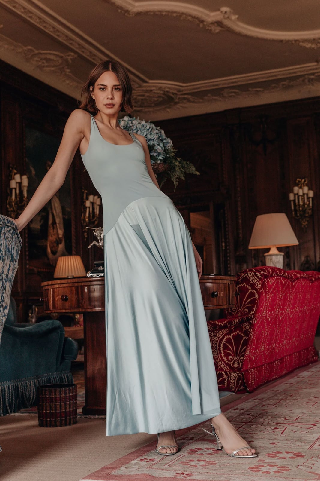 Light Blue Sleeveless Dress with Asymmetrical Hem Light Blue Sleeveless Dress with Asymmetrical Hem — Trendy Dress for Wedding Guest