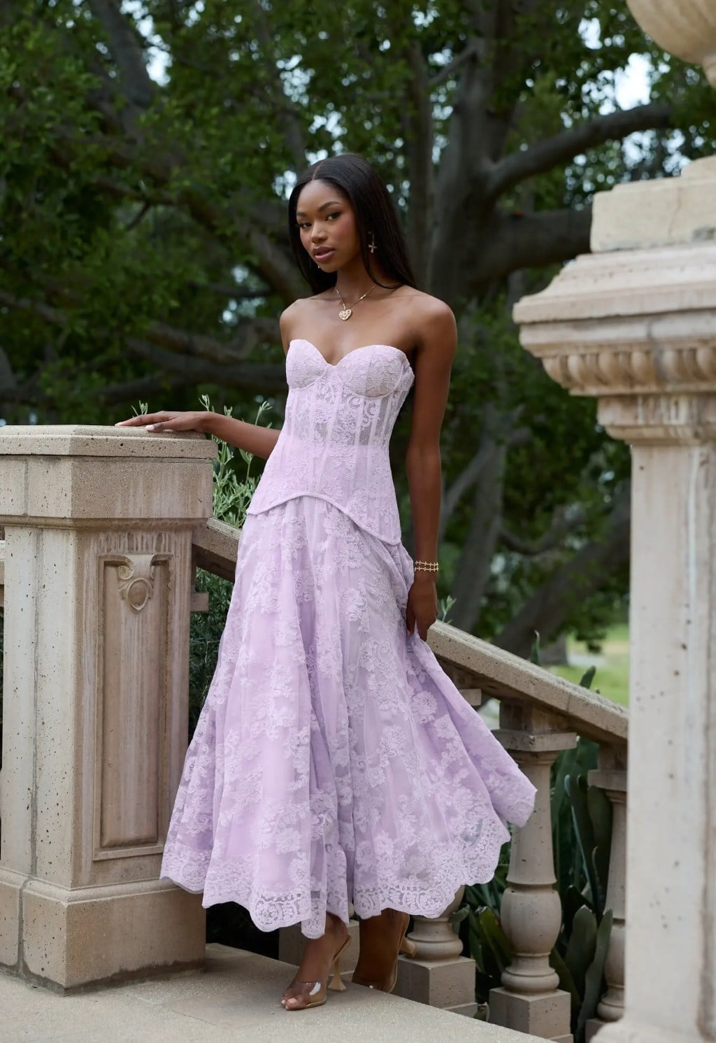 Lavender Lace Corset Dress with Full Skirt Lavender Lace Corset Dress with Full Skirt — Trendy Dress for Wedding Guest