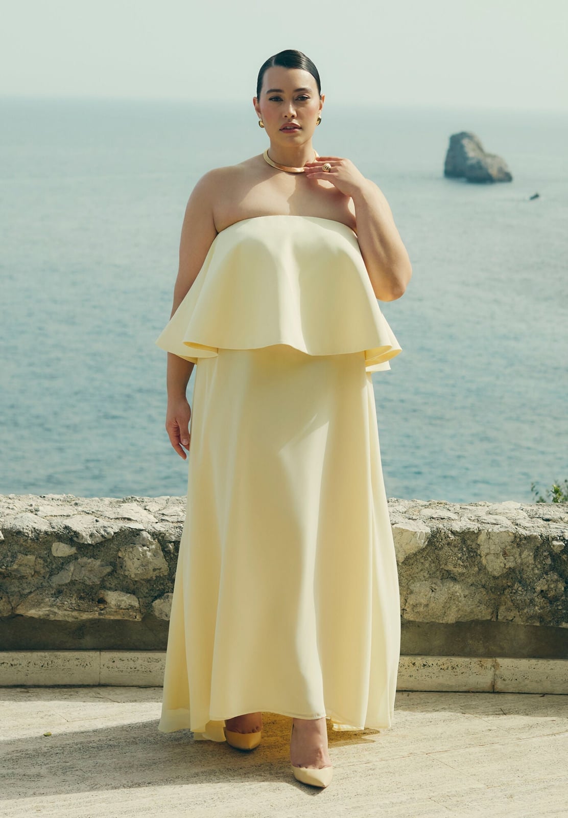 Pale Yellow Strapless Dress with Tiered Ruffle Overlay Pale Yellow Strapless Dress with Tiered Ruffle Overlay — Trendy Dress for Wedding Guest