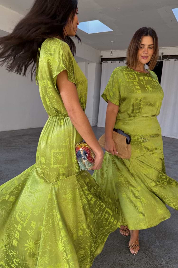 Lime Green Geometric Patterned Midi Dress Lime Green Geometric Patterned Midi Dress — Trendy Dress for Wedding Guest
