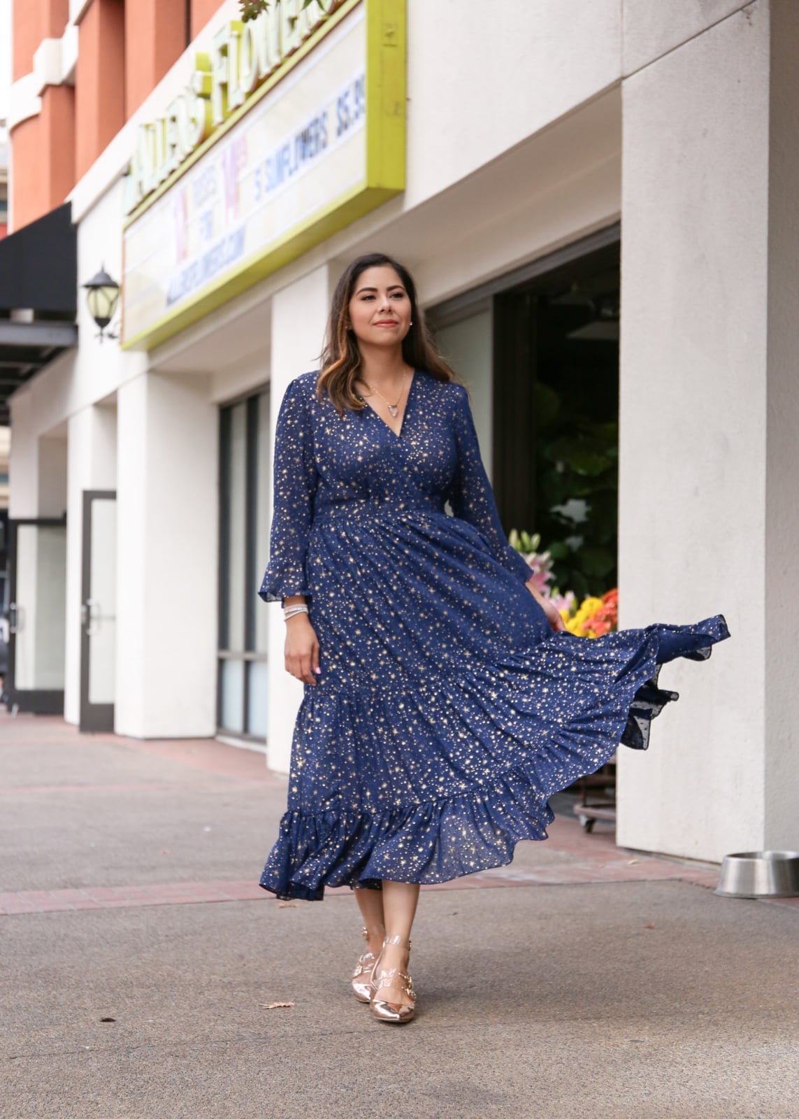 Navy Blue Star Print Wrap Midi Dress Navy Blue Star Print Wrap Midi Dress — Trendy Dress for Wedding Guest