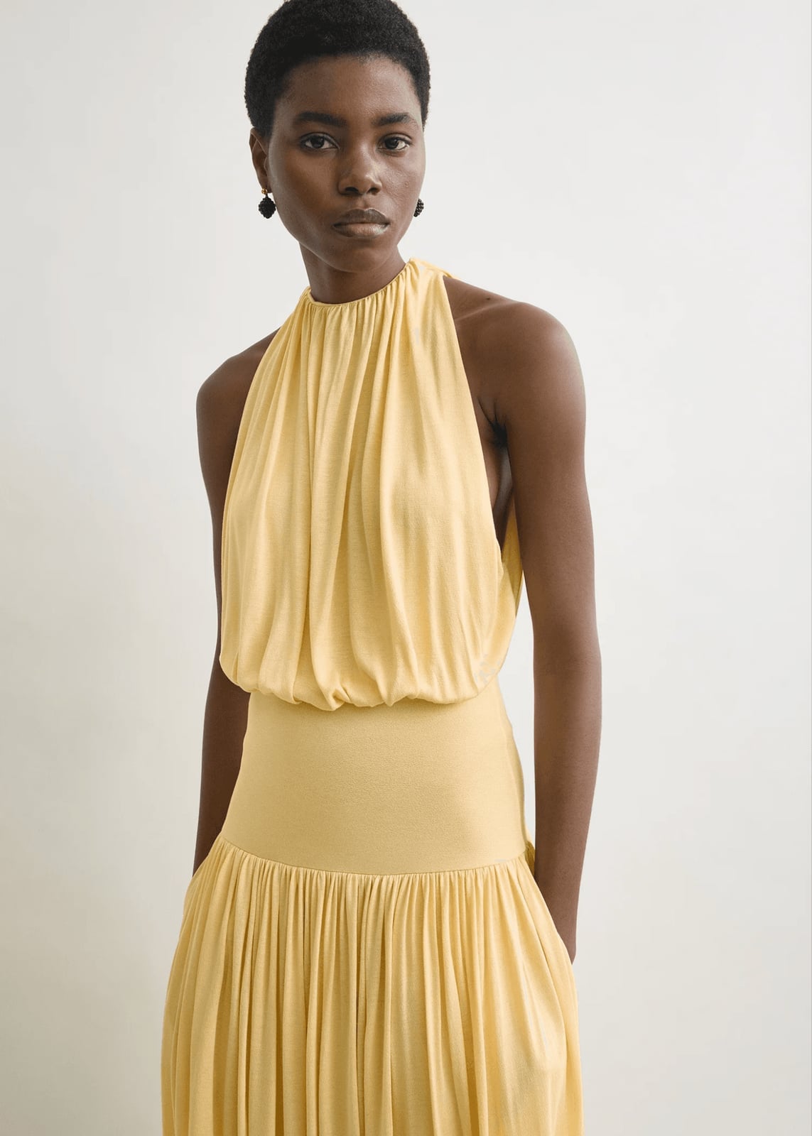 Yellow Jersey Halter Neck Dress Yellow Jersey Halter Neck Dress — Trendy Dress for Wedding Guest