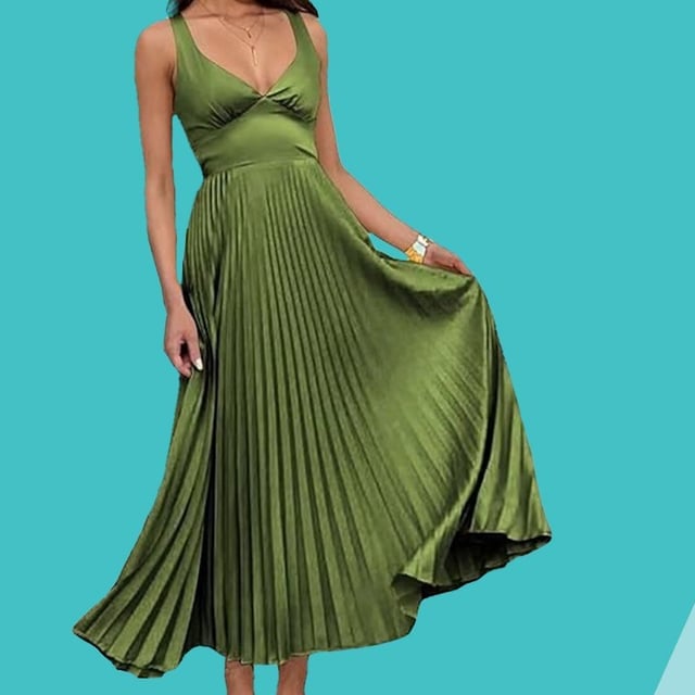 Olive Green Satin Maxi Dress with Pleated Skirt Olive Green Satin Maxi Dress with Pleated Skirt — Trendy Dress for Wedding Guest