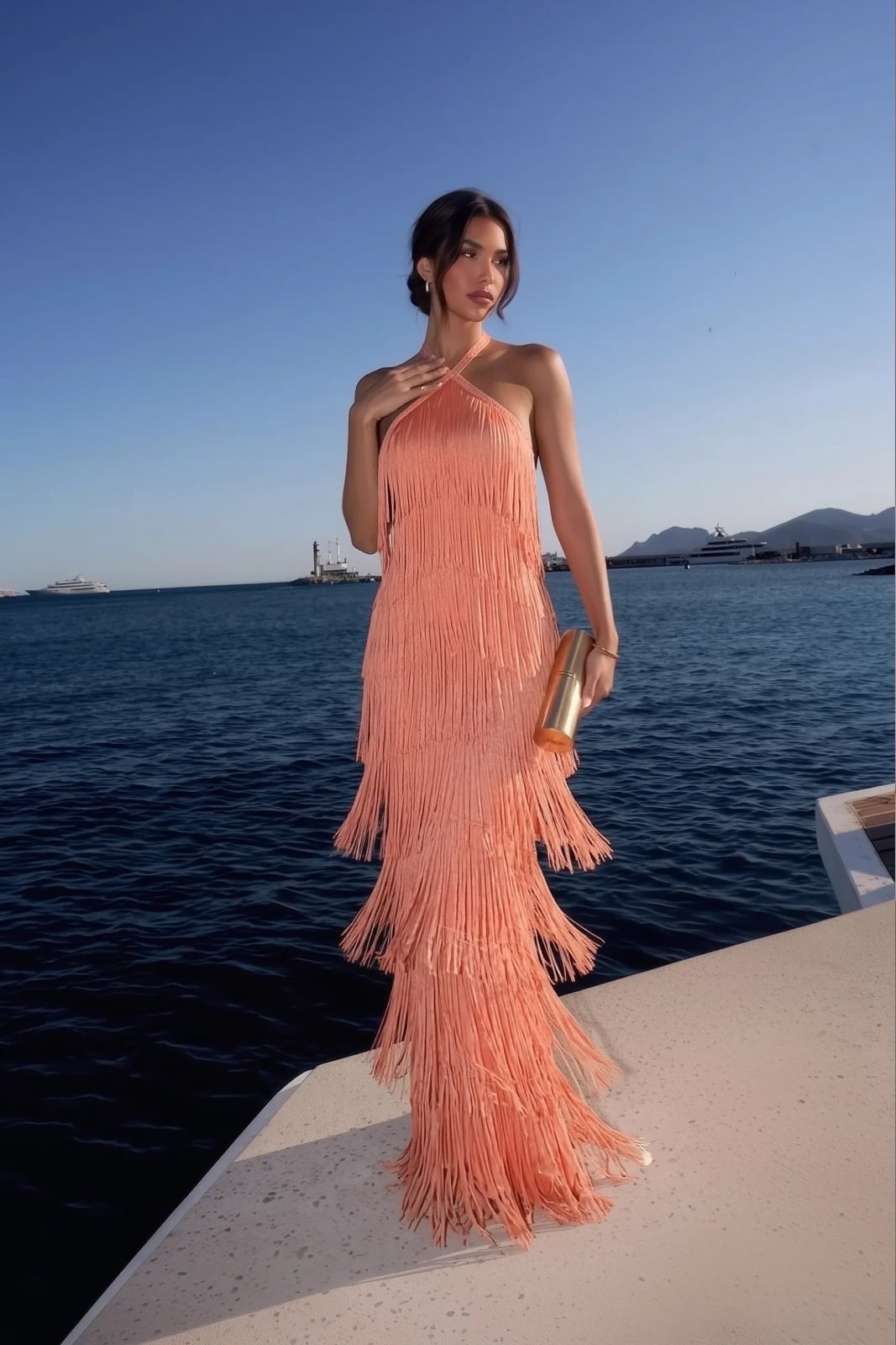 Coral Halter Neck Maxi Dress with Fringe Coral Halter Neck Maxi Dress with Fringe — Trendy Dress for Wedding Guest