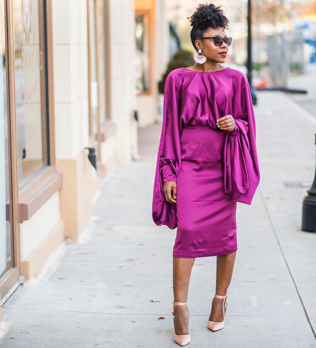 Vibrant Purple Satin Dress with Cape Sleeves Vibrant Purple Satin Dress with Cape Sleeves — Trendy Dress for Wedding Guest
