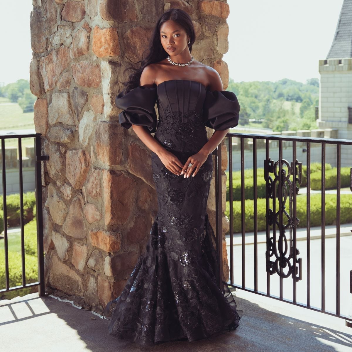 Black Lace Mermaid Gown with Puff Sleeves Black Lace Mermaid Gown with Puff Sleeves — Trendy Dress for Wedding Guest