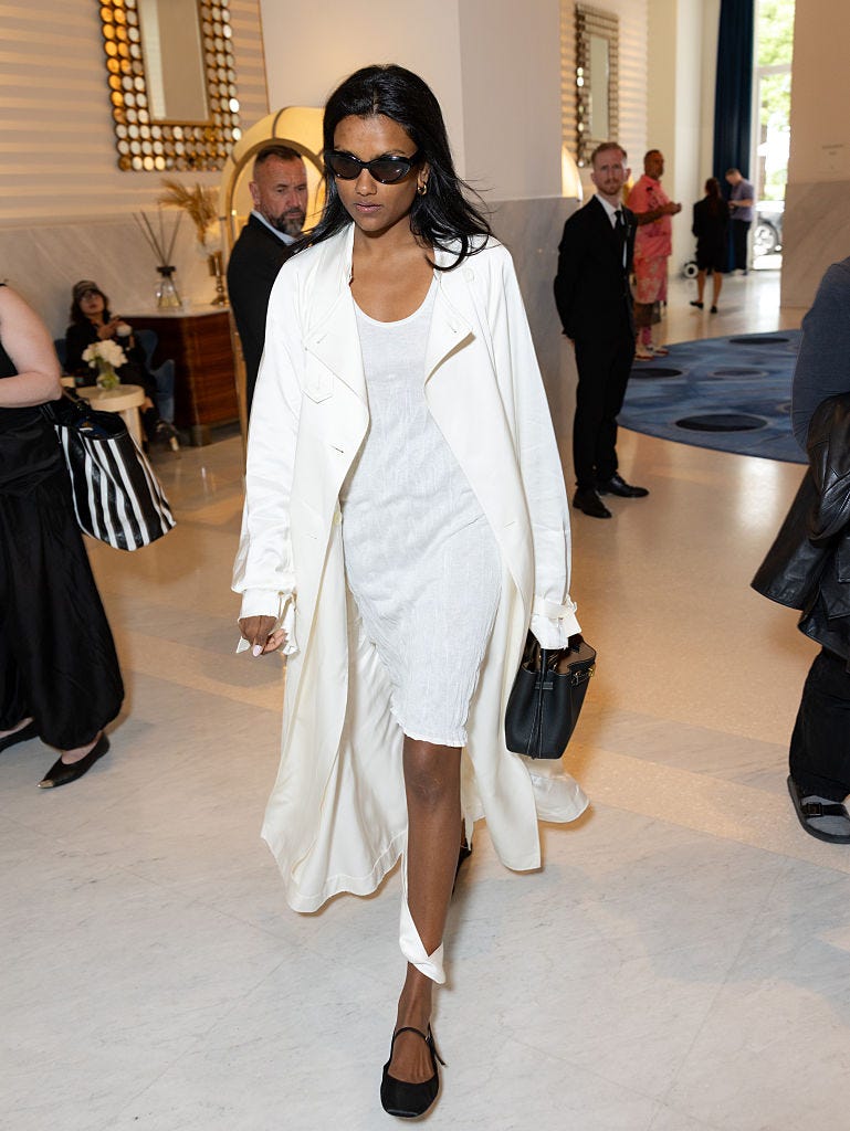 White Silk Trench Coat Over Slip Dress White Silk Trench Coat Over Slip Dress — Trendy Dress Like a Celebrity