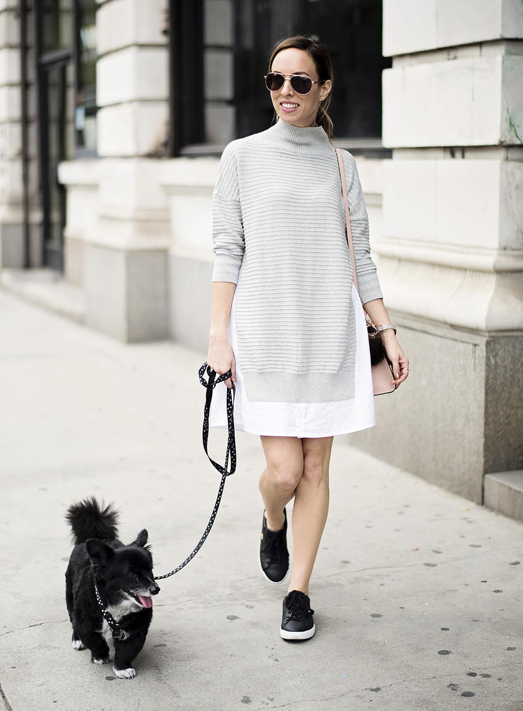 Grey Sweater Over White Shirt Dress Grey Sweater Over White Shirt Dress — Trendy Dress Like a Celebrity