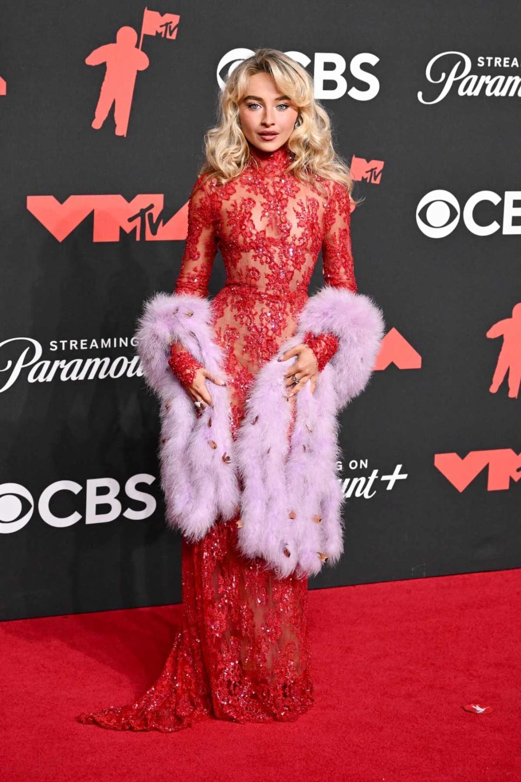 Red Sheer Lace Sequin Dress with Fur Stole Red Sheer Lace Sequin Dress with Fur Stole — Trendy Dress Like a Celebrity