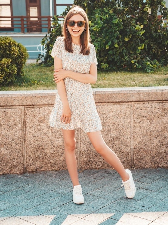 Multi-Color Floral Print A-Line Mini Dress With White Sneakers Multi-Color Floral Print A-Line Mini Dress With White Sneakers — Trendy Dresses for Teens