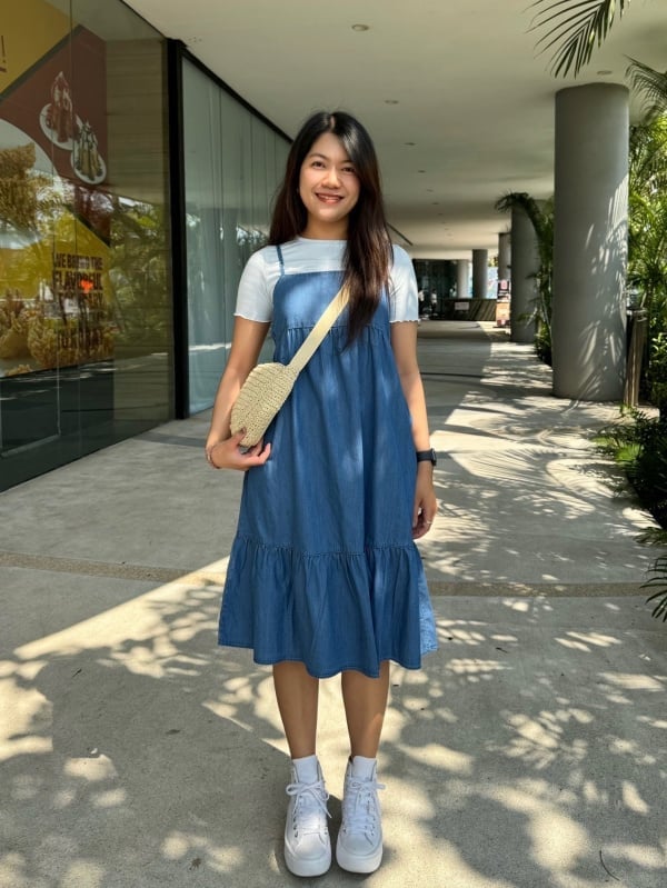 Blue Denim Pinafore Dress with Ruffled Hem Blue Denim Pinafore Dress with Ruffled Hem — Trendy Dresses for Teens