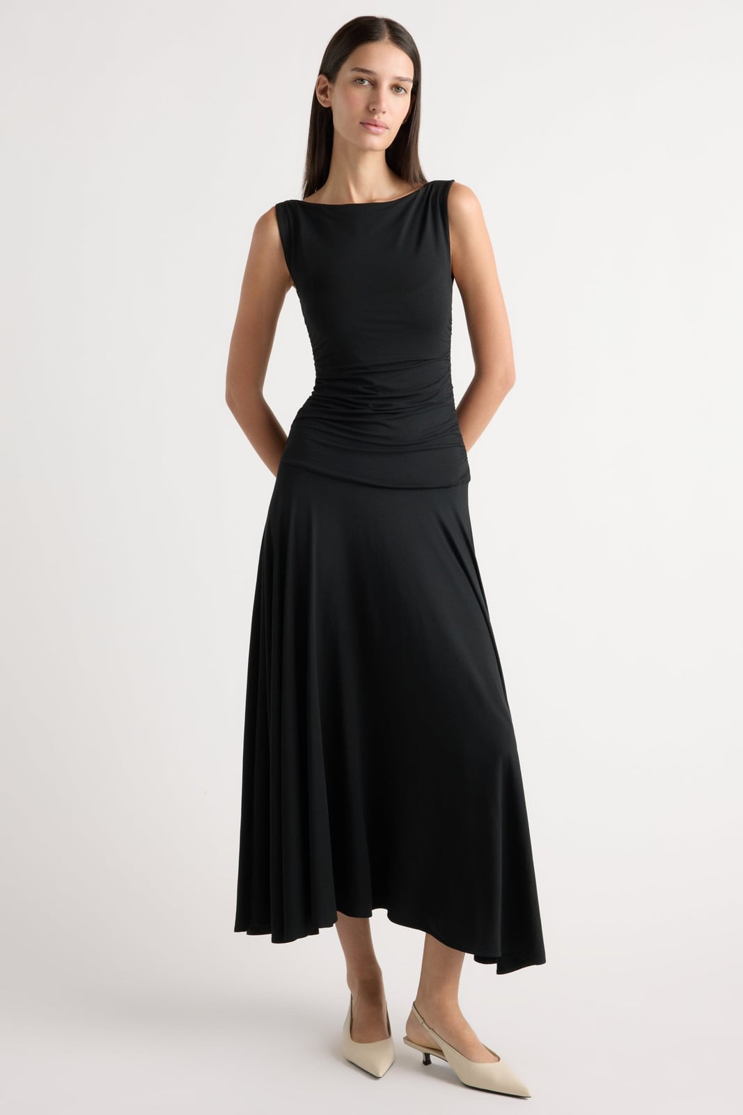 Black Jersey Ruched Drop Waist Maxi Dress Black Jersey Ruched Drop Waist Maxi Dress — Trendy Drop Waist Dresses