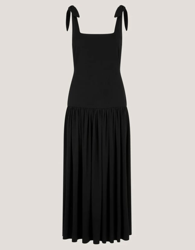 Black Crepe Tie Shoulder Drop Waist Maxi Dress Black Crepe Tie Shoulder Drop Waist Maxi Dress — Trendy Drop Waist Dresses