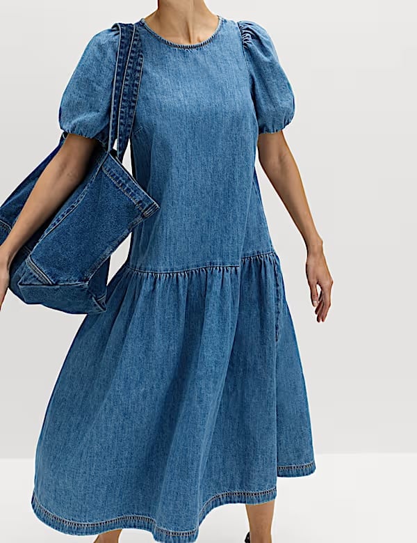 Blue Denim Puff Sleeve Tiered Drop Waist Midi Dress Blue Denim Puff Sleeve Tiered Drop Waist Midi Dress — Trendy Drop Waist Dresses