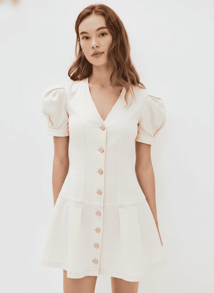 Cream Twill Button Front Drop Waist Mini Dress Cream Twill Button Front Drop Waist Mini Dress — Trendy Drop Waist Dresses