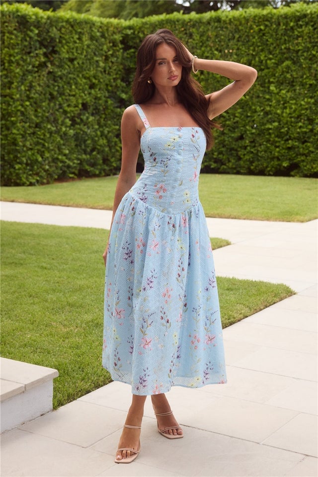 Light Blue Floral Print Button Front Drop Waist Dress Light Blue Floral Print Button Front Drop Waist Dress — Trendy Drop Waist Dresses