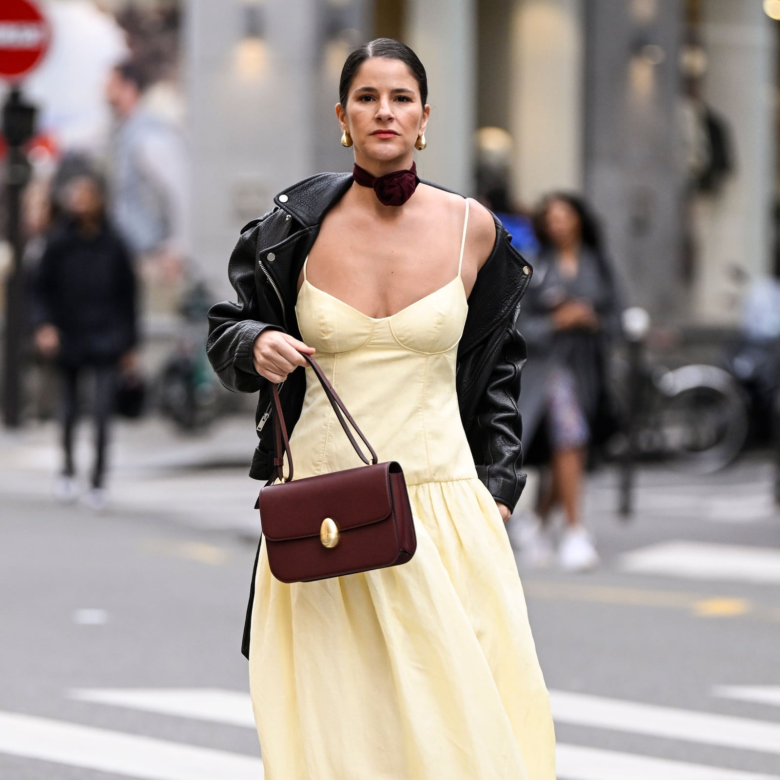 Yellow Camisole Dress With Leather Jacket Yellow Camisole Dress With Leather Jacket — Trendy Drop Waist Dresses