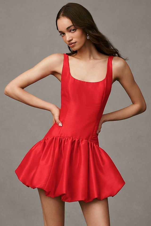 Red Satin Sleeveless Drop Waist Mini Dress Bubble Hem Red Satin Sleeveless Drop Waist Mini Dress Bubble Hem — Trendy Drop Waist Dresses