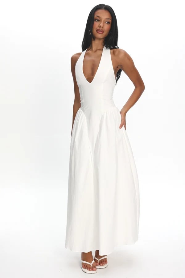 White Halter Neck Drop Waist Maxi Dress Gathered Skirt White Halter Neck Drop Waist Maxi Dress Gathered Skirt — Trendy Drop Waist Dresses