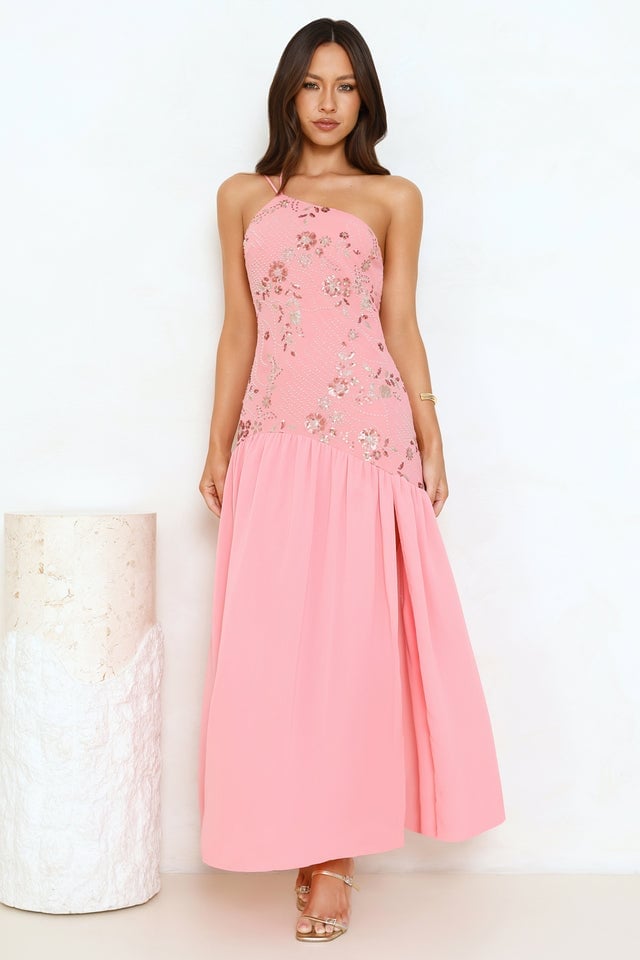 Pink Sequin One-Shoulder Drop Waist Maxi Dress Pink Sequin One-Shoulder Drop Waist Maxi Dress — Trendy Drop Waist Dresses