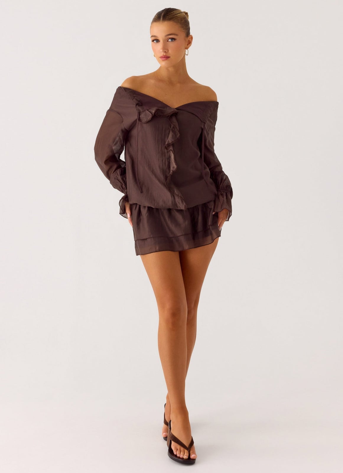 Brown Sheer Chiffon Off-Shoulder Ruffled Mini Dress Brown Sheer Chiffon Off-Shoulder Ruffled Mini Dress — Trendy Drop Waist Dresses