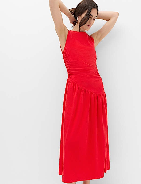 Red Jersey Knit Ruched Bodice Drop Waist Midaxi Dress Red Jersey Knit Ruched Bodice Drop Waist Midaxi Dress — Trendy Drop Waist Dresses