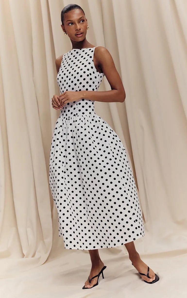 White Polka Dot Sleeveless Drop Waist Dress White Polka Dot Sleeveless Drop Waist Dress — Trendy Drop Waist Dresses