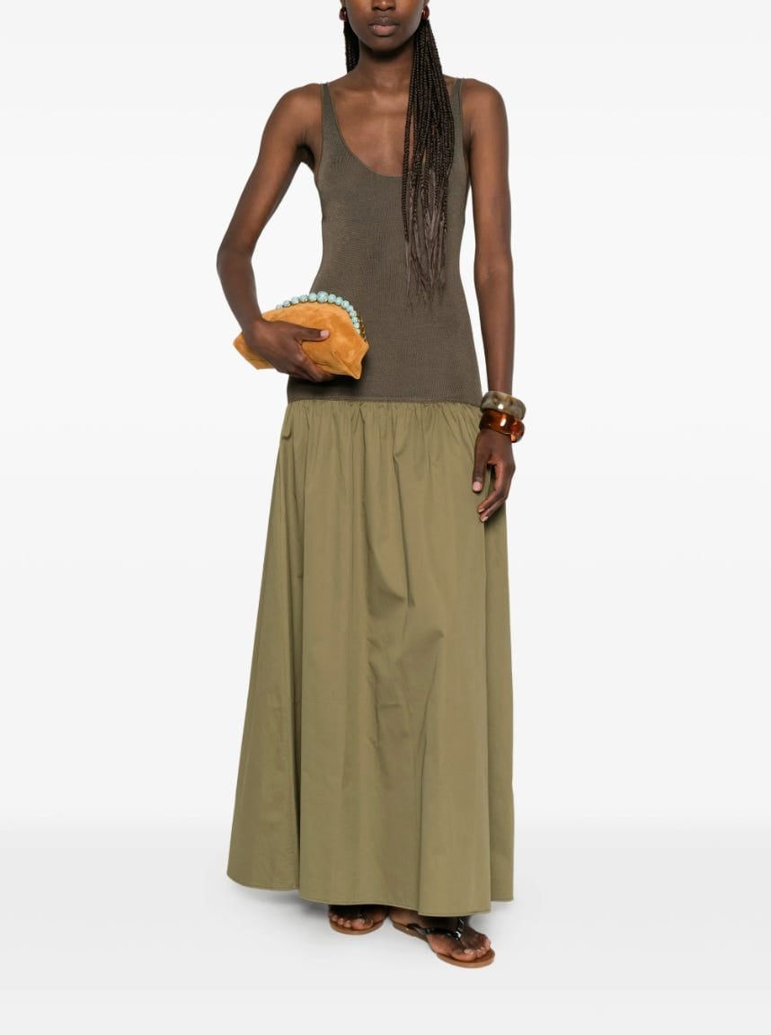 Olive Green Knit Top Flowing Cotton Skirt Maxi Dress Olive Green Knit Top Flowing Cotton Skirt Maxi Dress — Trendy Drop Waist Dresses