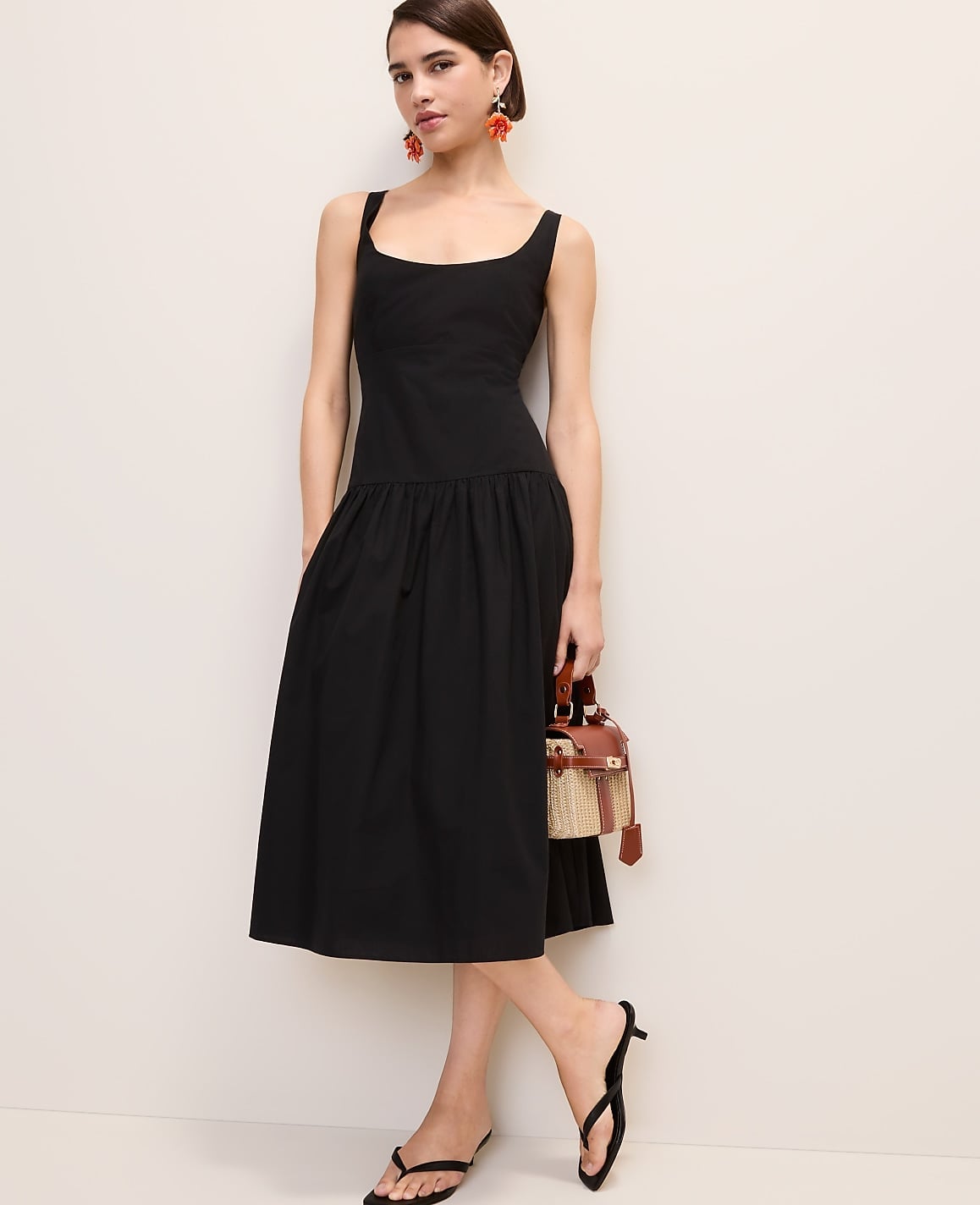 Black Cotton Sleeveless Midi Dress A-Line Skirt Black Cotton Sleeveless Midi Dress A-Line Skirt — Trendy Drop Waist Dresses
