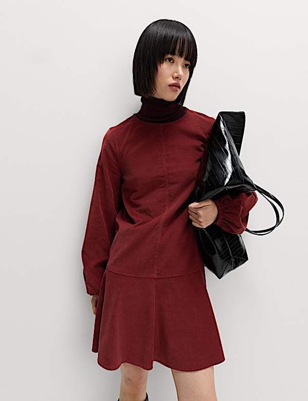 Red Corduroy Drop Waist Mini Dress Over Turtleneck Red Corduroy Drop Waist Mini Dress Over Turtleneck — Trendy Drop Waist Dresses