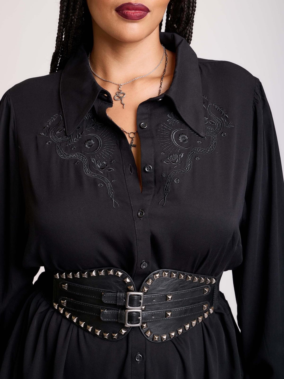 Embroidered Shirt Dress With Studded Belt — Trendy Emo Style