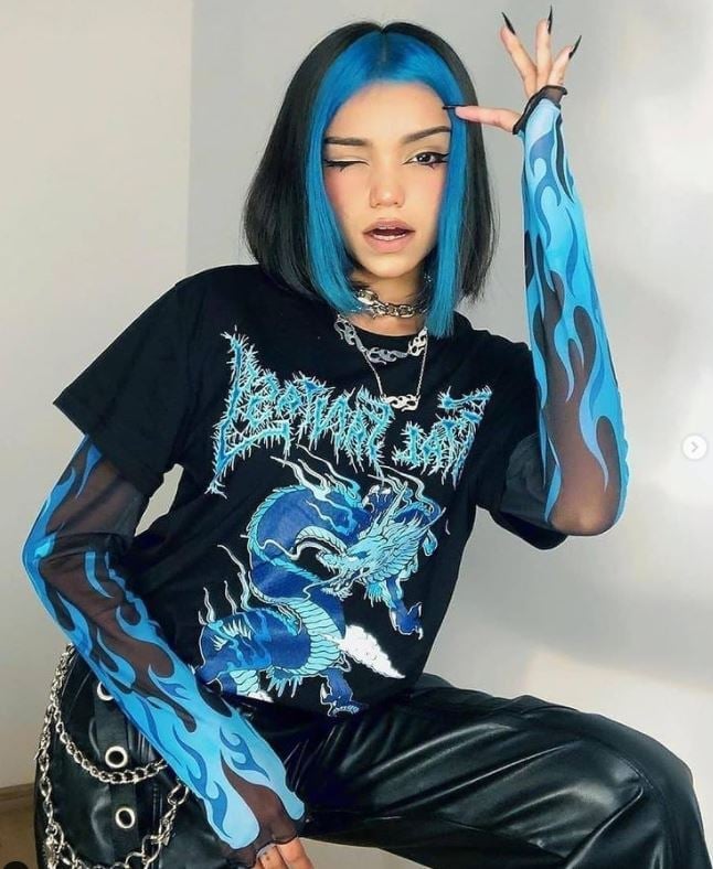 Graphic Tee Over Flame Mesh Sleeves — Trendy Emo Style