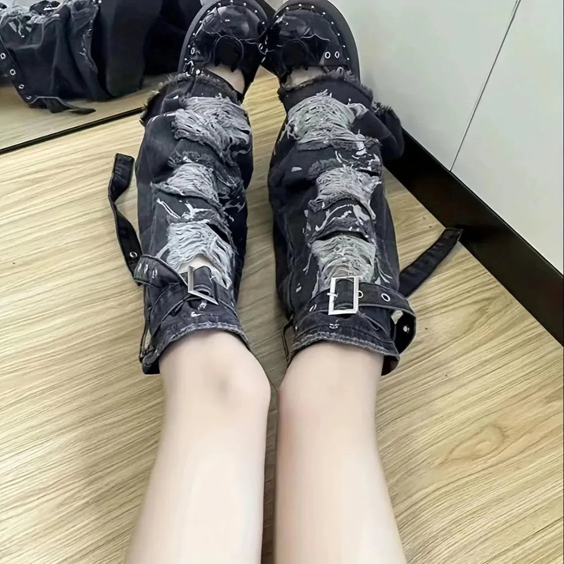 Distressed Denim Trousers With Buckles — Trendy Emo Style