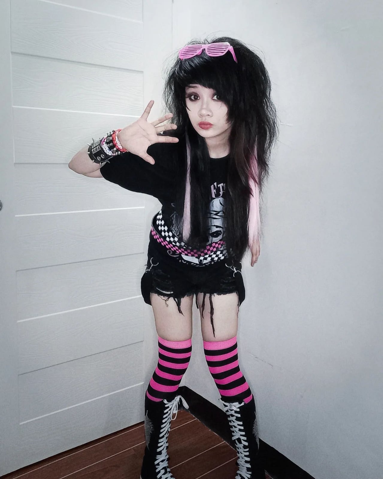 Graphic T-Shirt With Distressed Shorts And Thigh-Highs — Trendy Emo Style