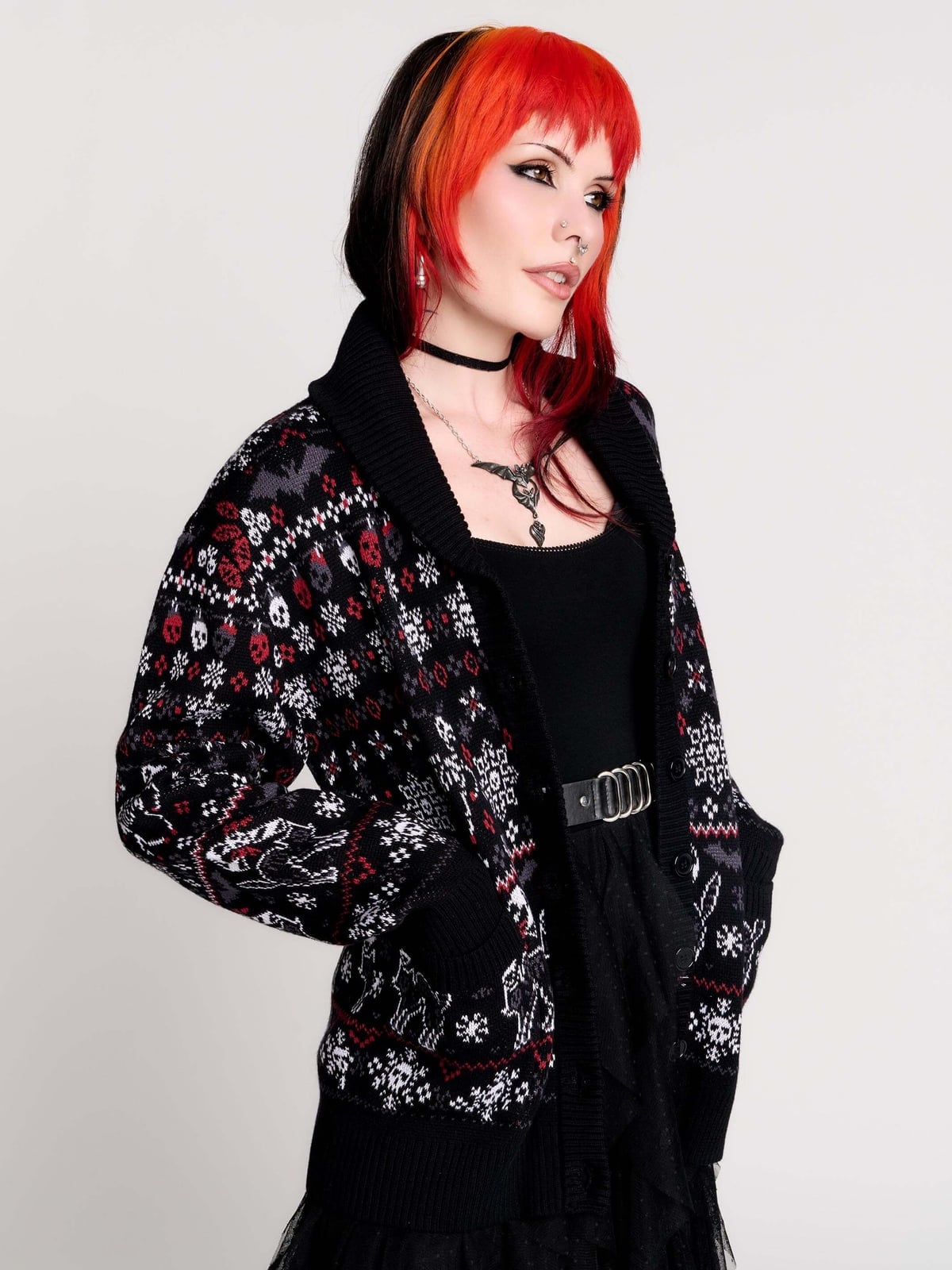 Patterned Cardigan Over Lace Skirt — Trendy Emo Style