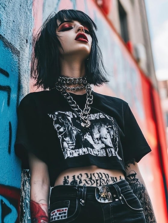 Cropped Graphic Tee With Chain Necklace — Trendy Emo Style