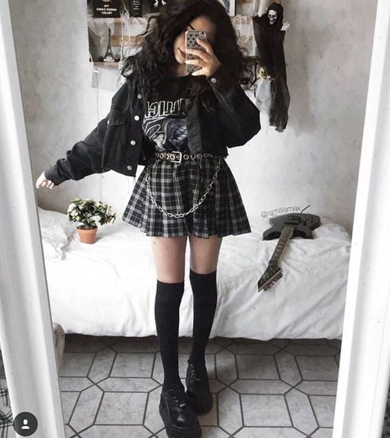 Denim Jacket Over Graphic Tee With Plaid Skirt — Trendy Emo Style