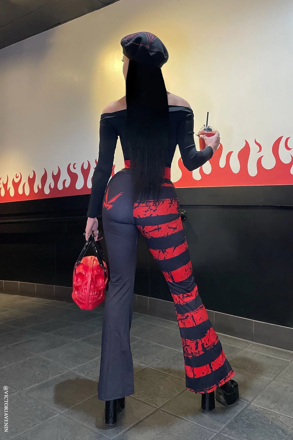 Off-Shoulder Top With Flared Striped Pants — Trendy Emo Style