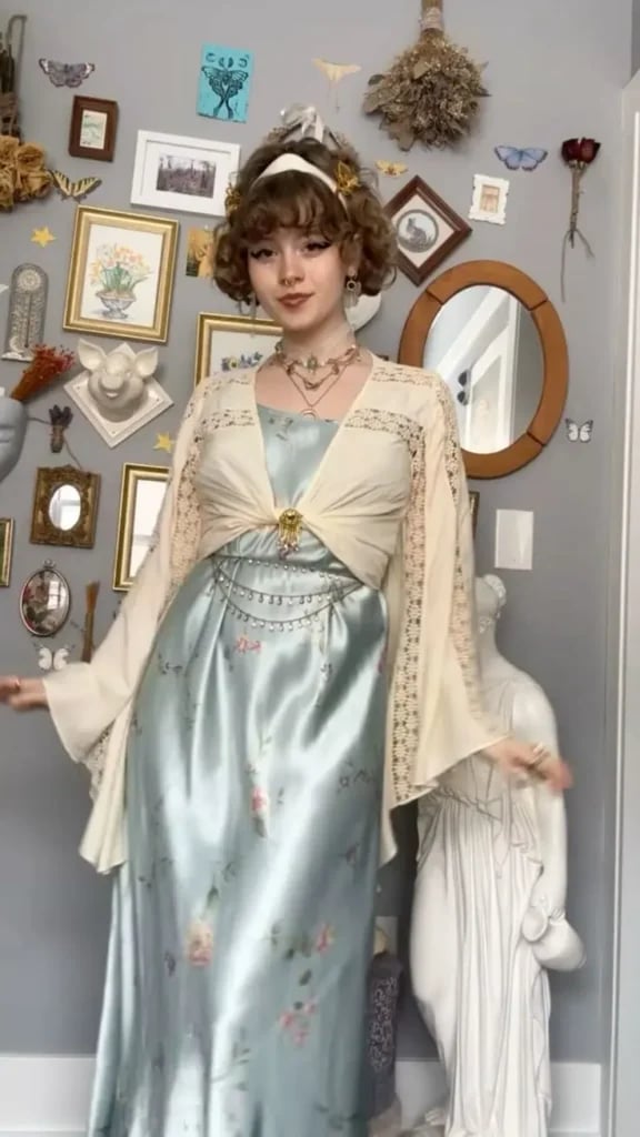 Pale Blue Satin Maxi Dress with Lace-Trimmed Cardigan — Trendy Fairycore Outfits