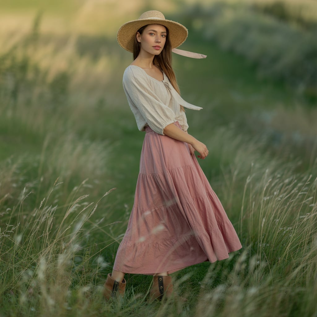 Pink Tiered Maxi Skirt with Off-White Peasant Blouse — Trendy Fairycore Outfits