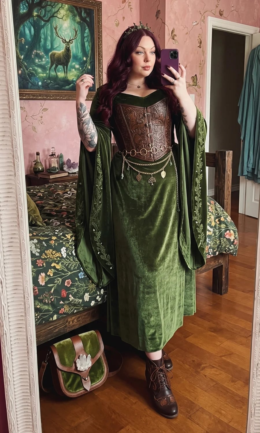 Deep Green Velvet Maxi Dress with Leather Corset and Bell Sleeves — Trendy Fairycore Outfits