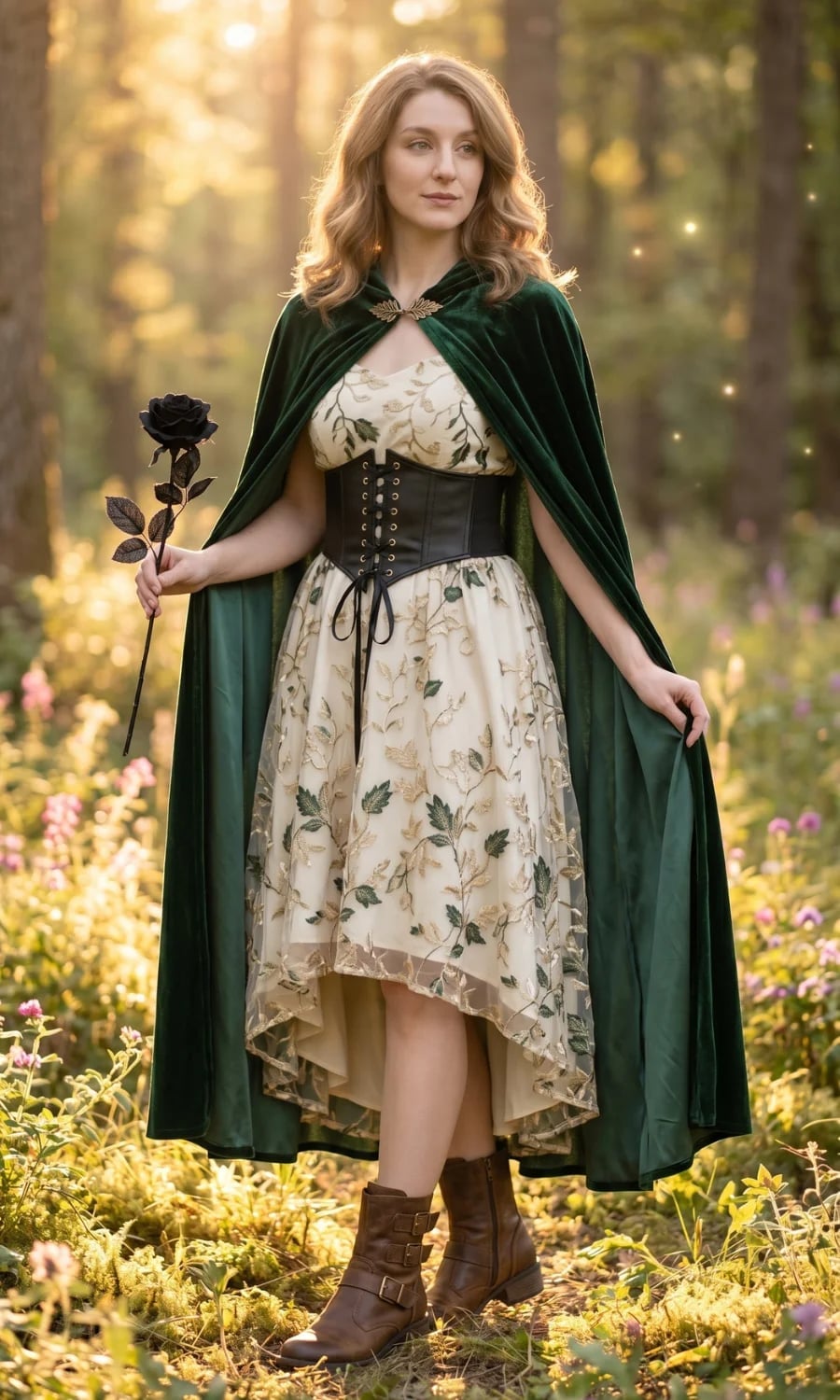 Cream Embroidered Dress with Green Velvet Cape and Corset Belt — Trendy Fairycore Outfits