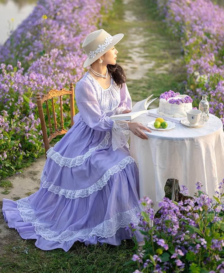 Lavender Tiered Lace Maxi Dress with Straw Hat — Trendy Fairycore Outfits