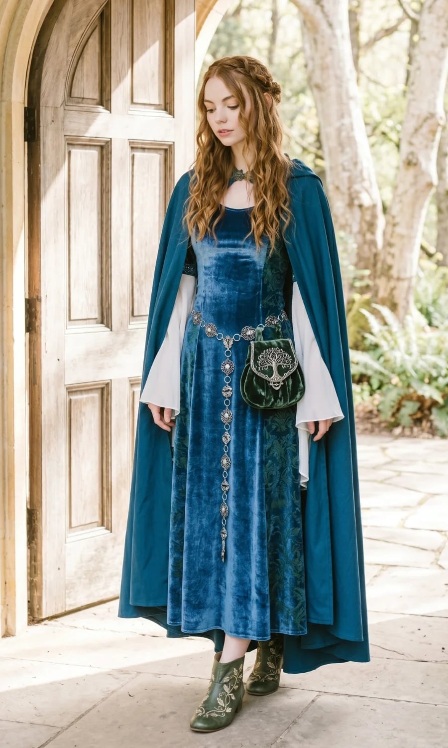 Blue Velvet Dress with White Undershirt and Green Embroidered Boots — Trendy Fairycore Outfits