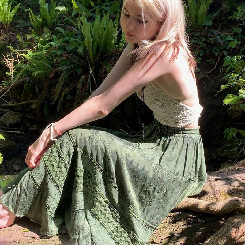 Cream Crochet Halter Top with Olive Green Textured Midi Skirt — Trendy Fairycore Outfits