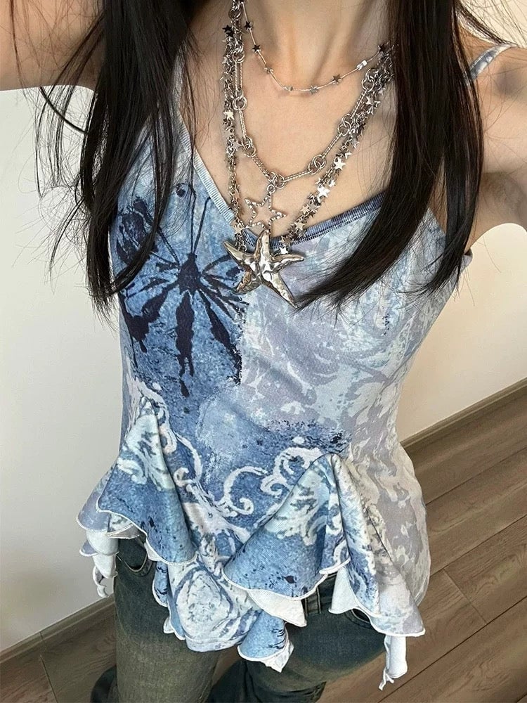 Printed Camisole Top with Ruffled Peplum Hem and Star Necklaces — Trendy Fairycore Outfits
