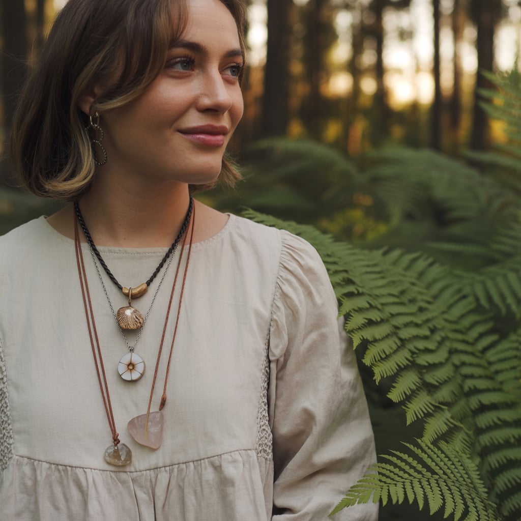 Cream Tiered Linen Dress with Lace Trim and Shell Necklaces — Trendy Fairycore Outfits