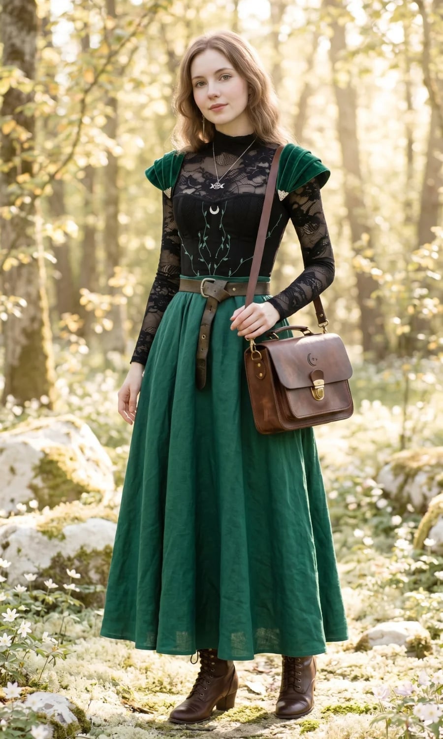 Black Lace Top with Green Velvet Shoulder Pads and Midi Skirt — Trendy Fairycore Outfits